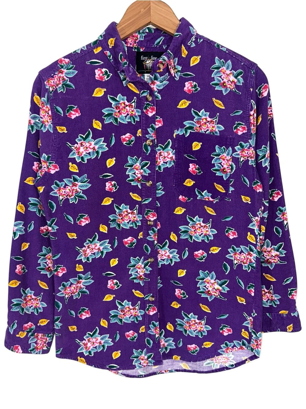 Vintage First in Line Purple Floral Corduroy Button Up Long Sleeve Shirt Size L